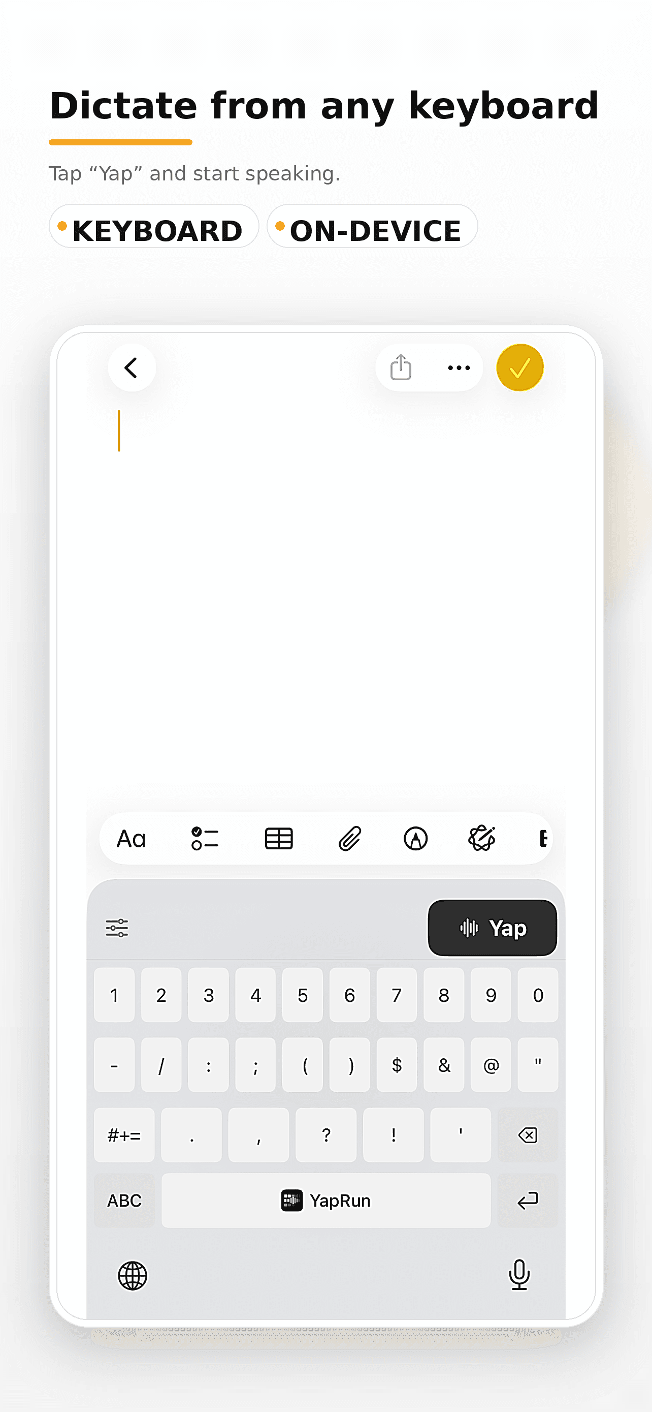 YapRun keyboard in action — tap Yap to dictate